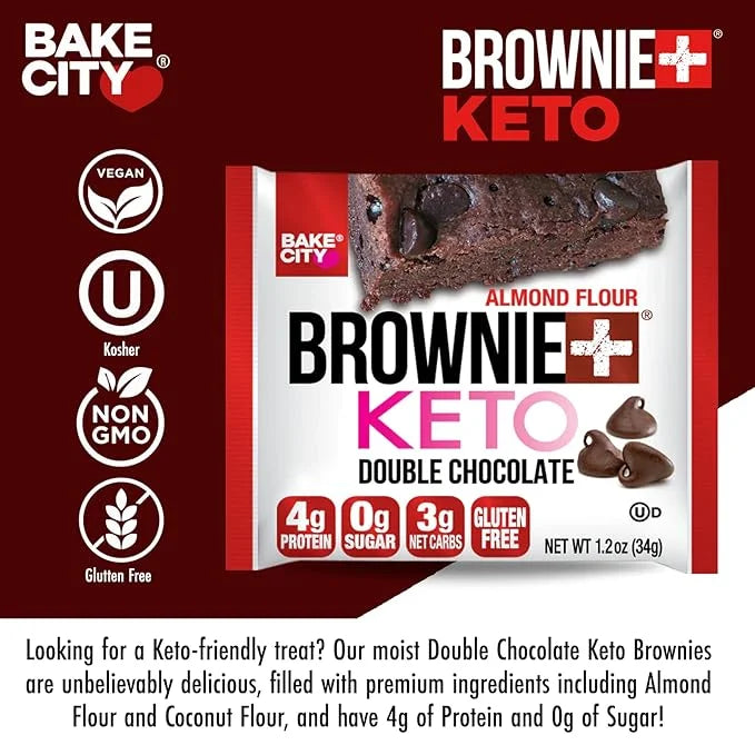 Bake City Brownie+ Keto | 1.2oz Brownie (12 pack), Gluten Free, 0g Sugar, Only 3g Net Carbs, Good Fats, 4g Protein, Kosher...