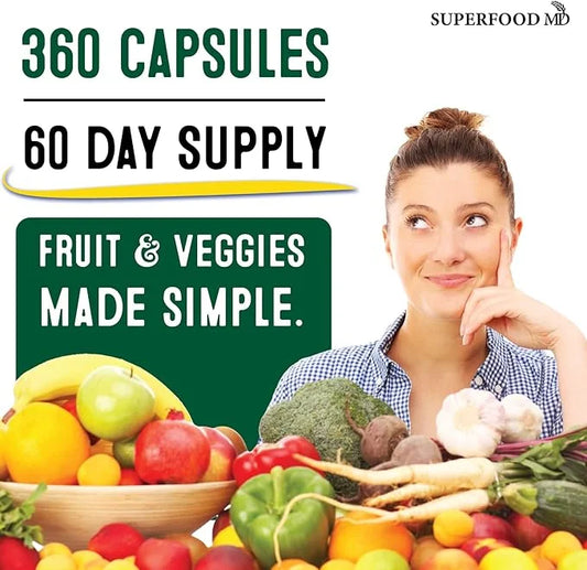 Superfood Fruit and Veggie Supplement - 360 Whole Super Fruit and Vegetable Supplements & Vitamin, Natural Energy Levels, ...