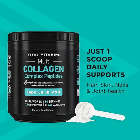 Vital Vitamins Multi Collagen Peptides Powder - Unflavored, Easy to Dissolve - Type I, II, III, V, X - for Women & Men - P...