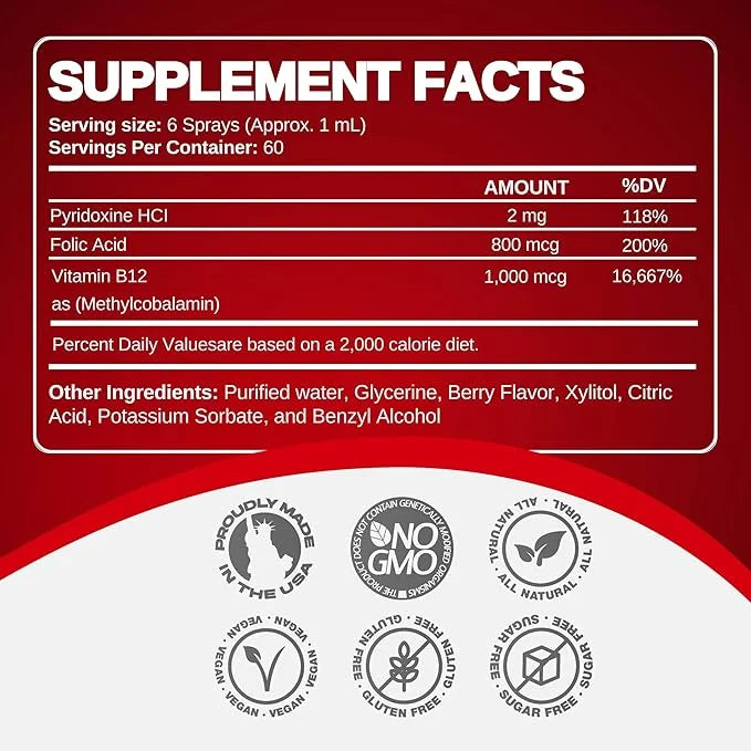 Vitamin B12 Energy Spray, Methylcobalamin with Folic Acid Sublingual Liquid Complex for Focus, & Metabolism, Nano Technolo...