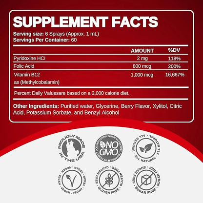 Vitamin B12 Energy Spray, Methylcobalamin with Folic Acid Sublingual Liquid Complex for Focus, & Metabolism, Nano Technolo...