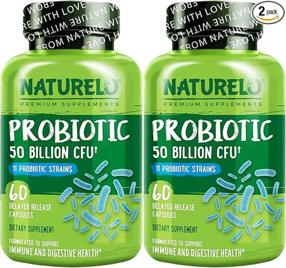 NATURELO Probiotics for Digestive Health 50 Billion 11 Strains, 60 Vegetarian (2 Pack)