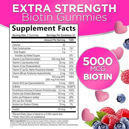 Hair Vitamins Gummy with Biotin 5000 120 Gummies