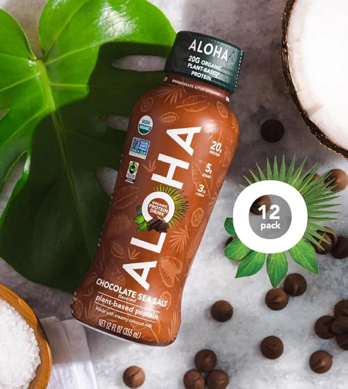 ALOHA Organic Plant Based Chocolate Sea Salt Protein Shake w/MCT Oil (12 ct, 12oz Bottle) 20g Protein, Meal Replacement, L...