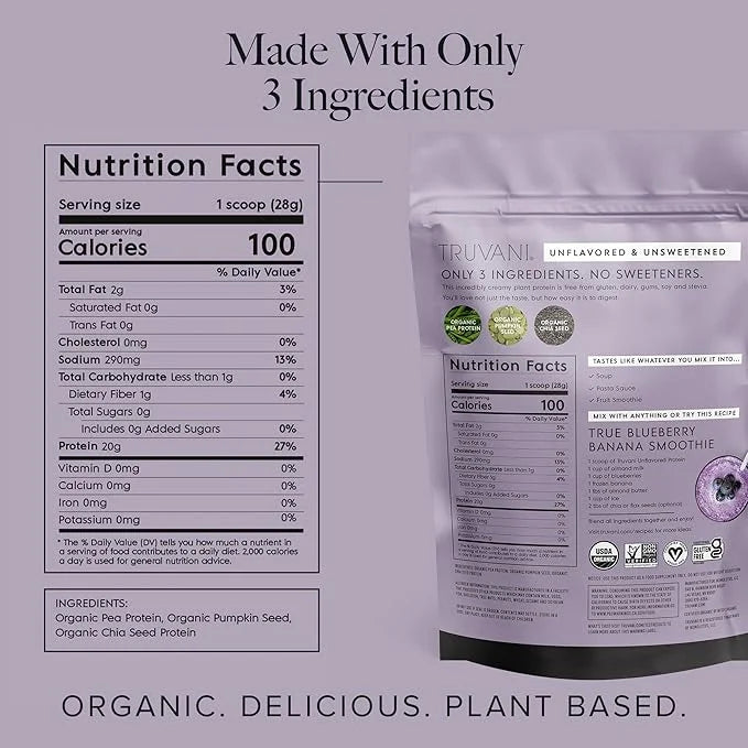 Truvani Vegan Pea Protein Powder | Unflavored | 20g Organic Plant Based Protein | 20 Servings | Keto | Gluten & Dairy Free...