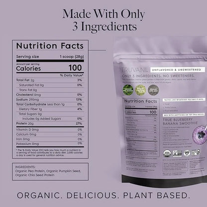 Truvani Vegan Pea Protein Powder | Unflavored | 20g Organic Plant Based Protein | 20 Servings | Keto | Gluten & Dairy Free...