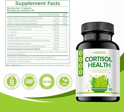 Cortisol Support Supplement with Magnesium Glycinate, L-Theanine, Ashwagandha, Phosphatidylserine,Rhodiola Rosea 15-in-1 H...