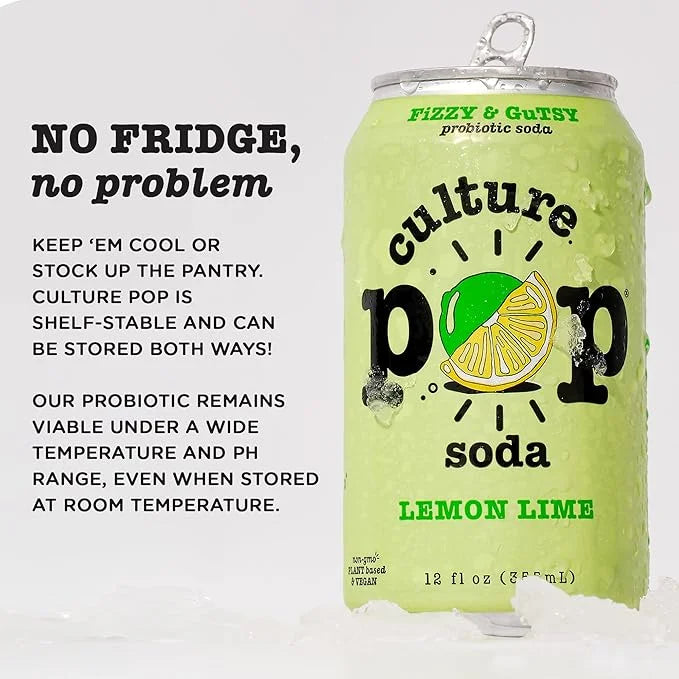 Culture Pop Soda, Lemon Lime, Probiotic Low Sugar Soda, Sparkling Juice Alternative, Non-GMO, Kosher, Gluten-Free, No Stev...