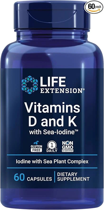Life Extension Pregnenolone Hormone Balance 100mg, Vitamin D3 K1 K2 Iodine Immune Bone 60 Capsules Bundle - Product Image