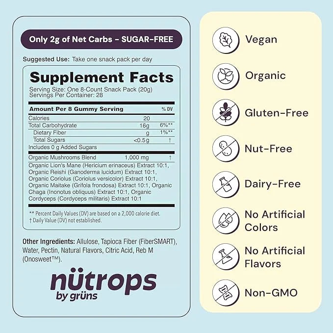 Nutrops Sugar-Free Functional Nootropics Mushroom Gummies for adult, Herbal Brain Supplement Gummy for Energy, Brain Healt...
