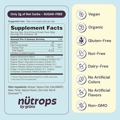 Nutrops Sugar-Free Functional Nootropics Mushroom Gummies for adult, Herbal Brain Supplement Gummy for Energy, Brain Healt...