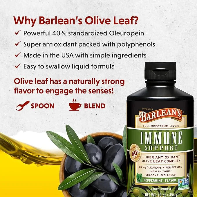Barlean's Peppermint Olive Leaf Complex Liquid Immune Support Supplement with 95mg Oleuropein Antioxidants, 16 Ounce - Pro...
