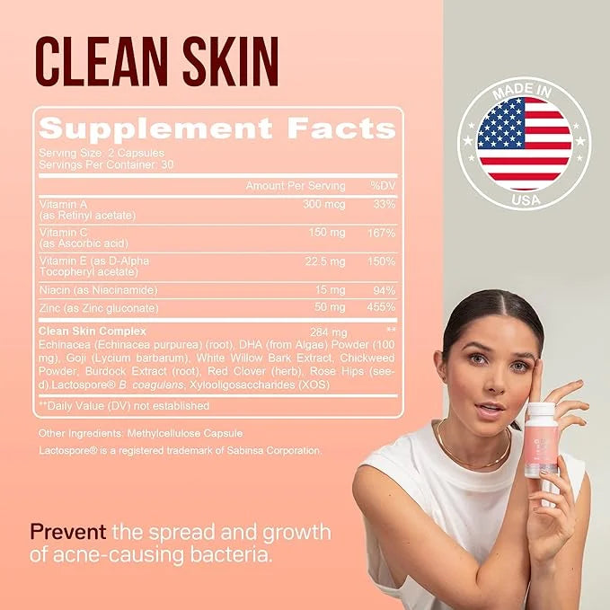 YOU'RE NATURAL Clean Skin Supplement | Acne Support | Skin Support Vitamins for Women, Men & Teens, Vitamin A, Zinc, DHA, ...