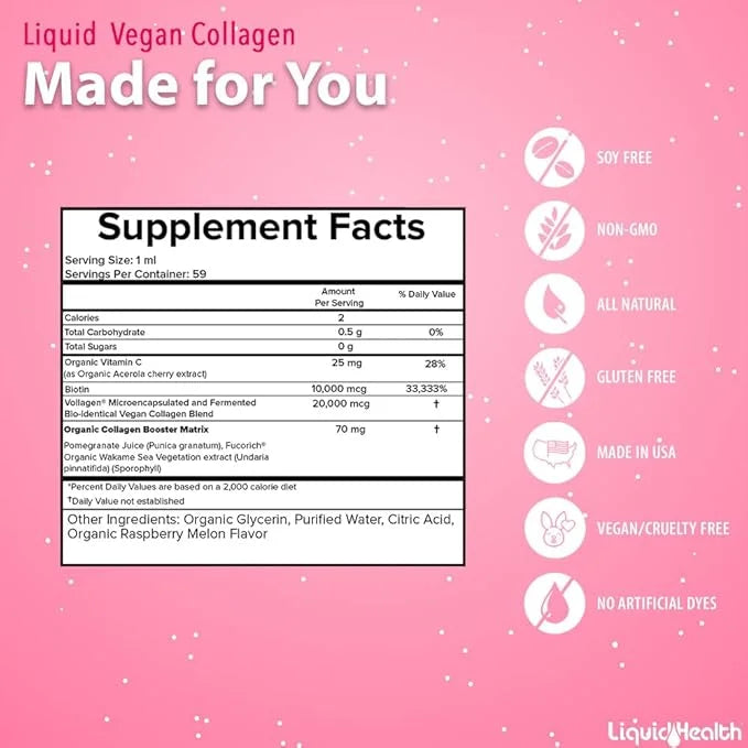LIQUIDHEALTH 100% Vegan Collagen Plus Biotin 100,000mcg Liquid Drops - Plant-Based Liquid Collagen for Women, Men - Hair &...