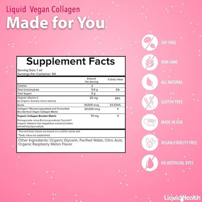 LIQUIDHEALTH 100% Vegan Collagen Plus Biotin 100,000mcg Liquid Drops - Plant-Based Liquid Collagen for Women, Men - Hair &...