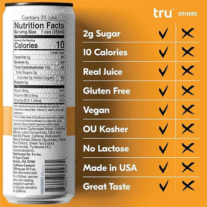 Tru Energy Seltzer, Clean Energy Drink with B-Vitamins, Mango Flavor, Sparkling Water, 100mg Natural Caffeine, Kosher, Glu...