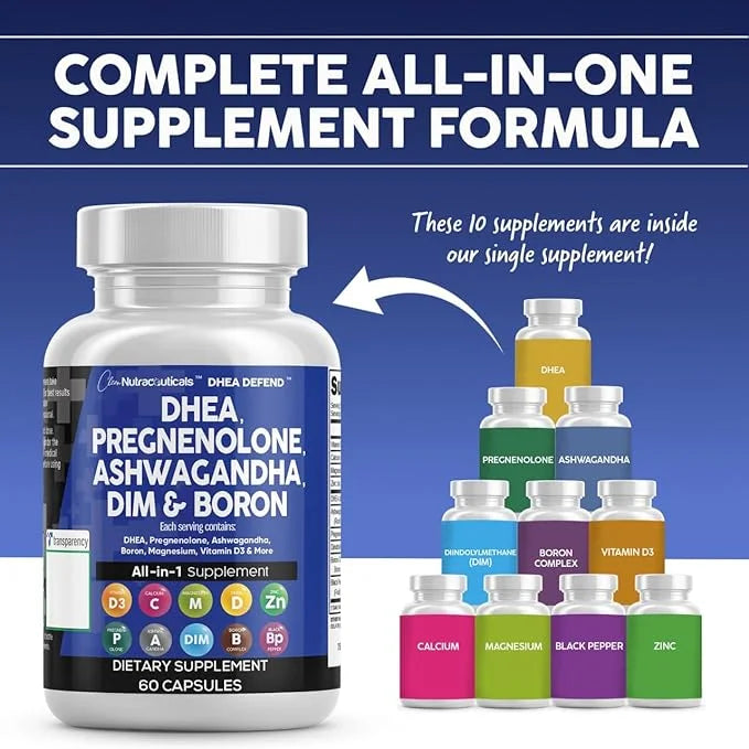 DHEA 200mg Supplement Pregnenolone 100mg for Men & Women with DIM Ashwagandha Boron 6mg Complex Calcium Magnesium Zinc 50m...