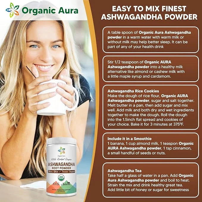 Certified Organic Ashwagandha Root Powder 16Oz -1Lb. Natural 100% Natural