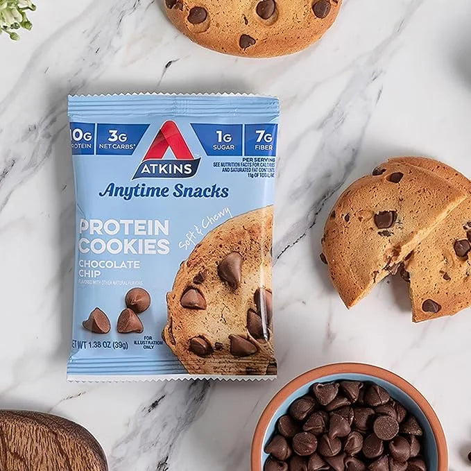 Atkins Chocolate Chip Protein Cookie, Protein Dessert, Rich in Fiber, 3g Net Carb, 1g Sugar, Keto Friendly, 4 Count - Prod...