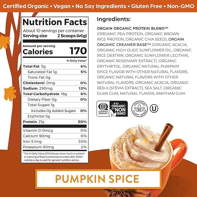 Orgain Organic Vegan Protein Powder, Pumpkin 21g of 5g Prebiotic 1.02 lb