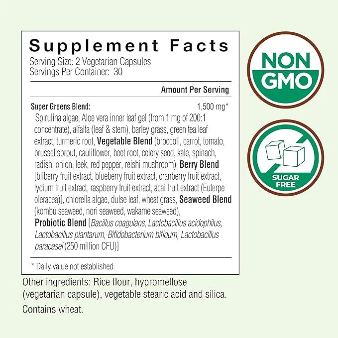 COUNTRY FARMS Super Greens Vegicaps, 32 Super Foods, Whole Food Supplement, Greens, Fruit, Vegetables, Mushrooms & Probiot...
