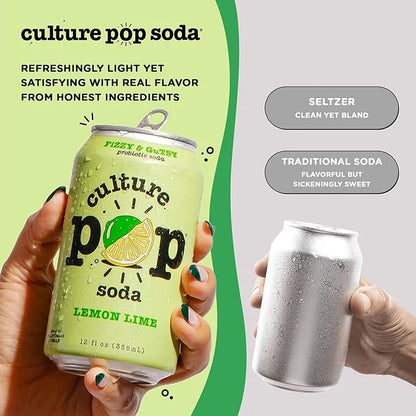 Culture Pop Soda, Lemon Lime, Probiotic Low Sugar Soda, Sparkling Juice Alternative, Non-GMO, Kosher, Gluten-Free, No Stev...