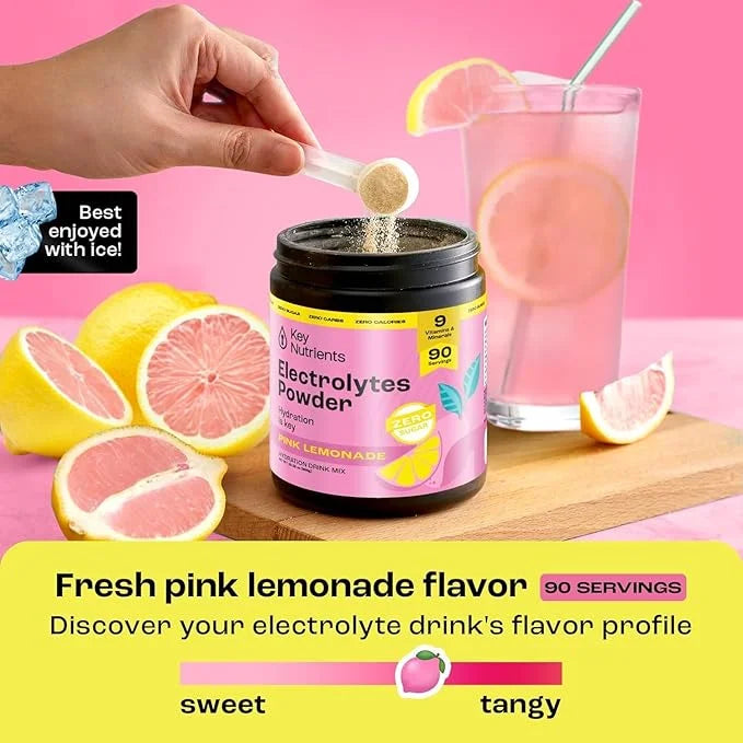KEY NUTRIENTS Multivitamin Electrolytes Powder No Sugar - Fresh Pink Lemonade Electrolyte Powder - Endurance & Energy Supp...