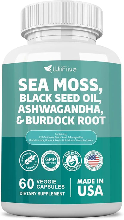 Sea Moss 3000mg Black Seed Oil 2000mg Ashwagandha 1000mg Burdock 1000mg Turmeric 1000mg Irish D3 Yellow 60 Count