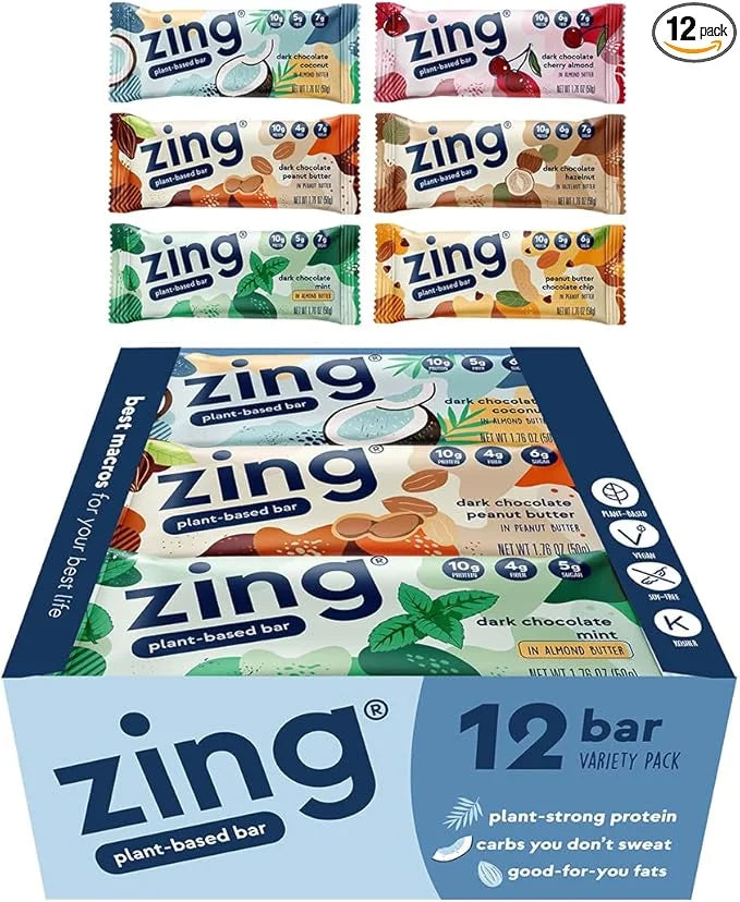 Zing Vegan Protein Bars Variety Pack - Top 6 Flavors, Gluten Free Nutrition Bars, High Protein & Fiber, Soy Free, Dairy Fr...