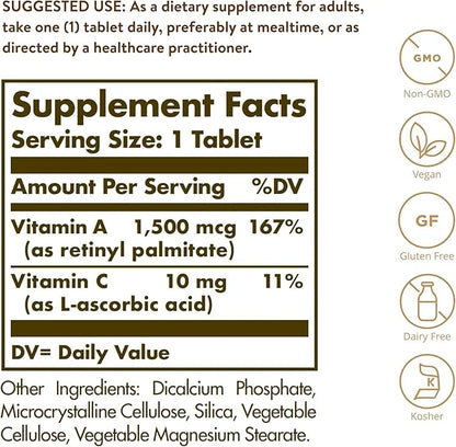 Solgar Dry Vitamin A 1500 mcg (5000 IU), 100 Tablets 100 Servings