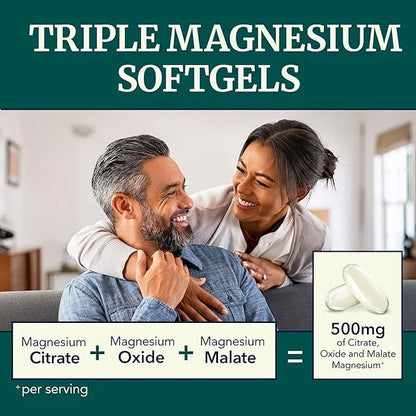 Triple Magnesium Softgels | Citrate, Malate, & Oxide | Highly Absorbable Magnesium Supplement for Digestion, Calm, Leg Cra...