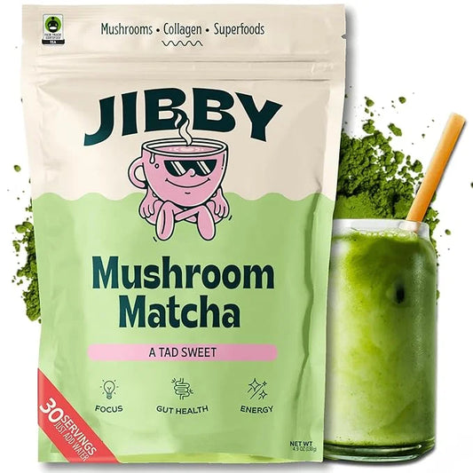 JIBBY Mushroom Matcha Super Latte - Ceremonial Grade Green Tea Organic Matcha Powder, Collagen, MCT Oil, Superfood Mushroo...