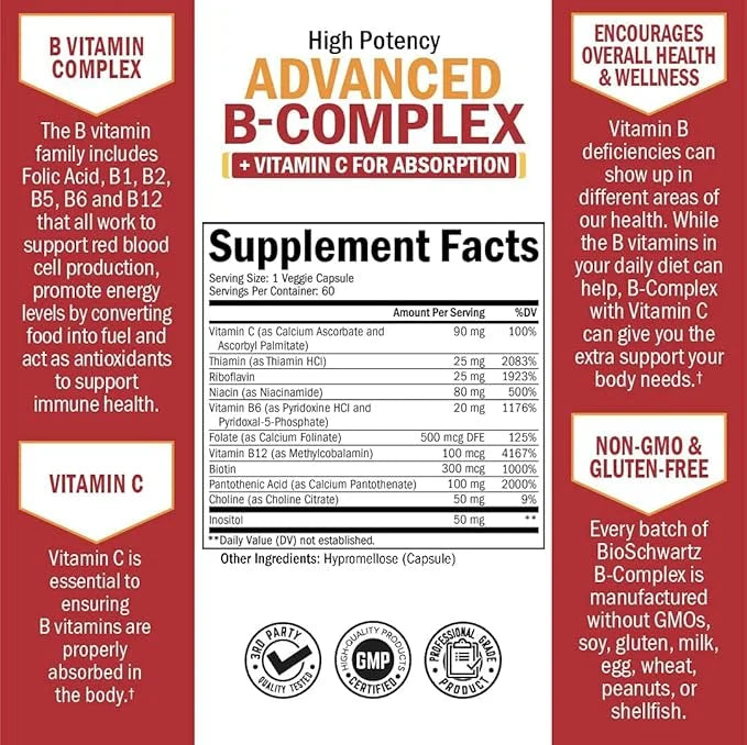 Vitamin B Complex with Vitamin C b12 & B1 B2 B2 B3 B3 B5 B5 B6 B6 B7 B7 B9 B9 for -60ct