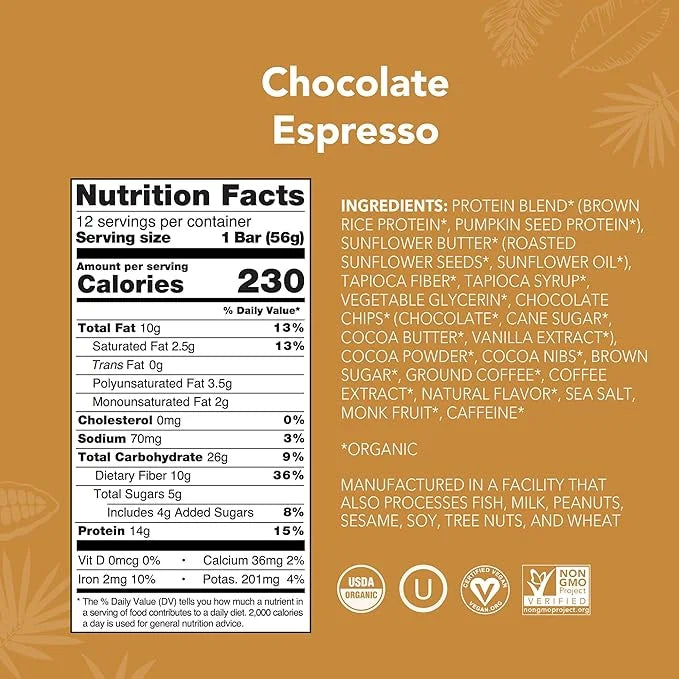 ALOHA Organic Plant Based Protein Bars - Chocolate Espresso (85mg Caffeine) - 12 Bars, Vegan, Low Sugar, Gluten-Free, Pale...