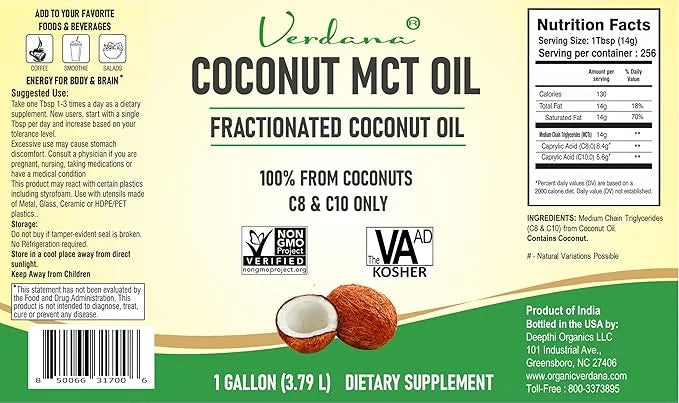 Verdana Coconut MCT Oil, Fractionated, Genuine 100% Coconut Derived, Kosher Food Grade, Vegan, NON-GMO, Great for Keto and...