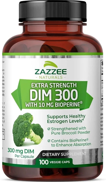 Zazzee DIM 300 mg Per Capsule, 100 Count, Plus 10 mg BioPerine, Estrogen Balance, Hormonal Acne, Menopause Support, Hormon...