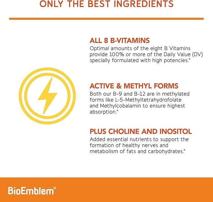 BioEmblem Vitamin B-Complex 8 Active B12, B6, B6, Biotin 90 Capsules