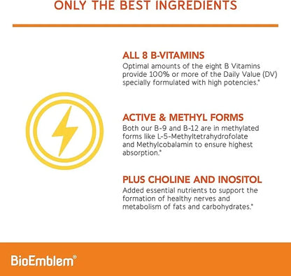 BioEmblem Vitamin B-Complex 8 Active B12, B6, B6, Biotin 90 Capsules