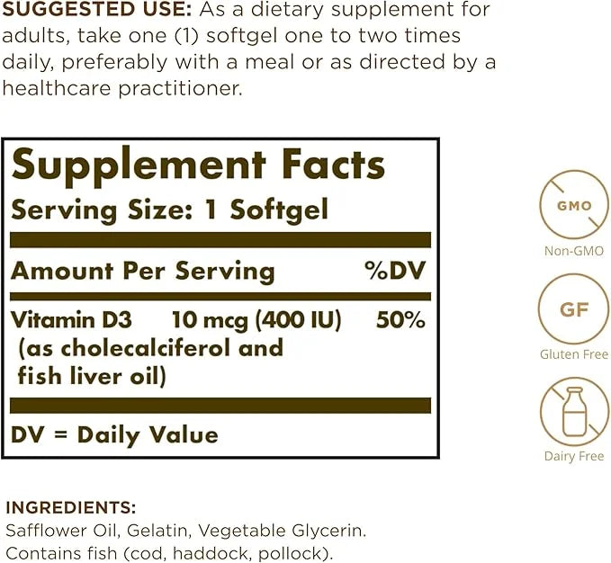 SOLGAR Vitamin D3 (Cholecalciferol) 250 mcg (10,000 IU) 100 Softgels 100 Servings