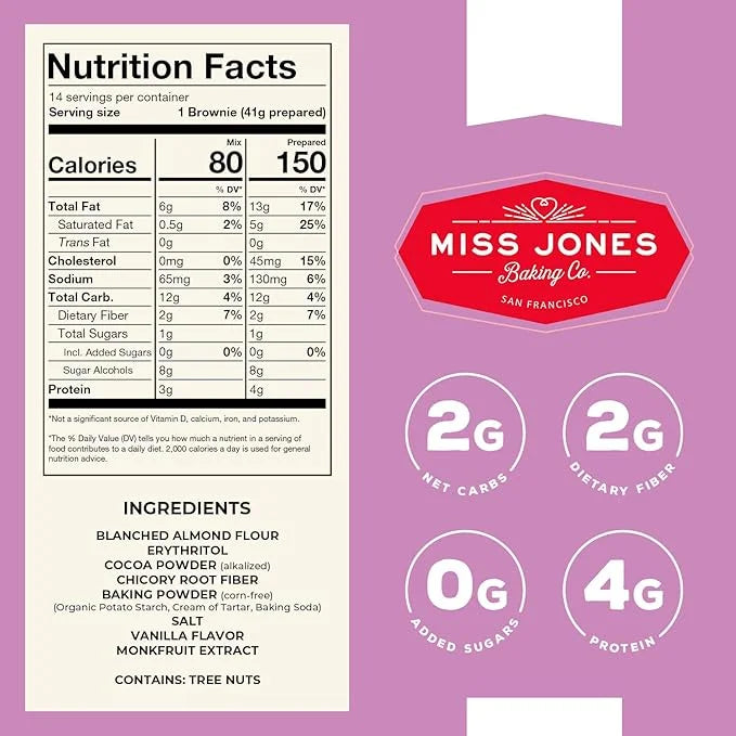 Miss Jones Baking Brownie Mix - Almond Flour, Gluten Free, Low Carb, No Sugar Added, Naturally Sweetened Desserts & Treats...
