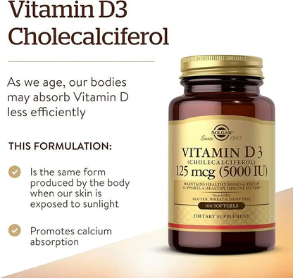 Solgar Vitamin D3 (Cholecalciferol) 125 MCG (5000 IU), 100 Softgels 100 Servings