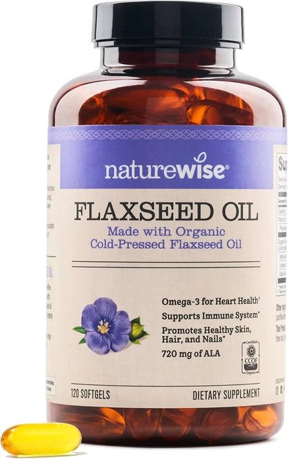 NatureWise Flaxseed Oil 1200 mg, Fish Free Omega 3 6 9 with 720mg ALA, Dietary Supplement for Heart Health Support - Organ...