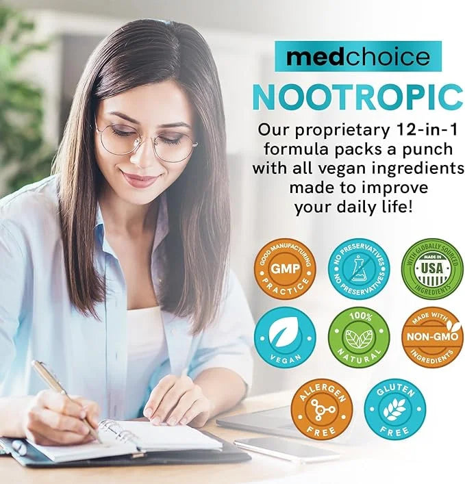 12-in-1 Nootropic Brain Supplement with Caffeine Anhydrous: Ginkgo Biloba for Brain Support, Memory and Focus - B12, Alpha...