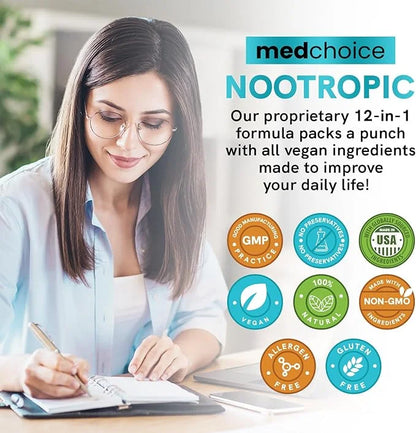 12-in-1 Nootropic Brain Supplement with Caffeine Anhydrous: Ginkgo Biloba for Brain Support, Memory and Focus - B12, Alpha...