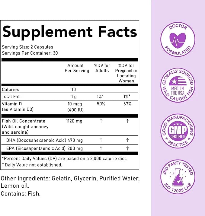 Premom Prenatal DHA Fish Oil: Triglyceride 3 with 470mg DHA, 200mg EPA 400 IU D3 Supplement