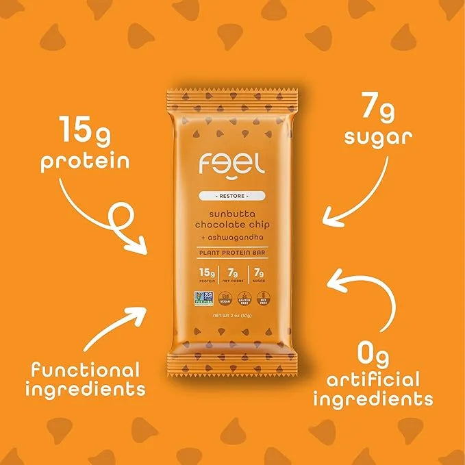 Feel Vegan Protein Bars | Sunbutta Chocolate Chip | Keto | Gluten Free | Organic | Ashwagandha | 15g Plant Protein | Low C...