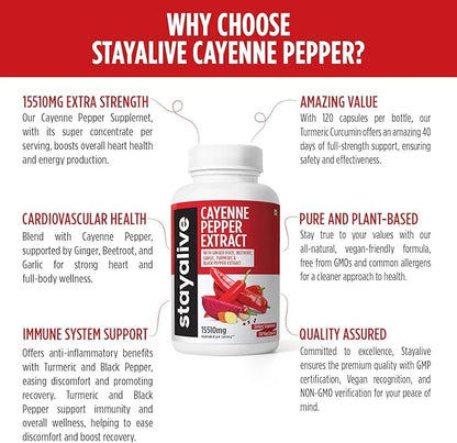 Stay Alive Cayenne Pepper 8000mg, Ginger 1500mg, Garlic 1500mg, Turmeric 1500mg, BeetRoot 3000mg, Black 120 Cayenne