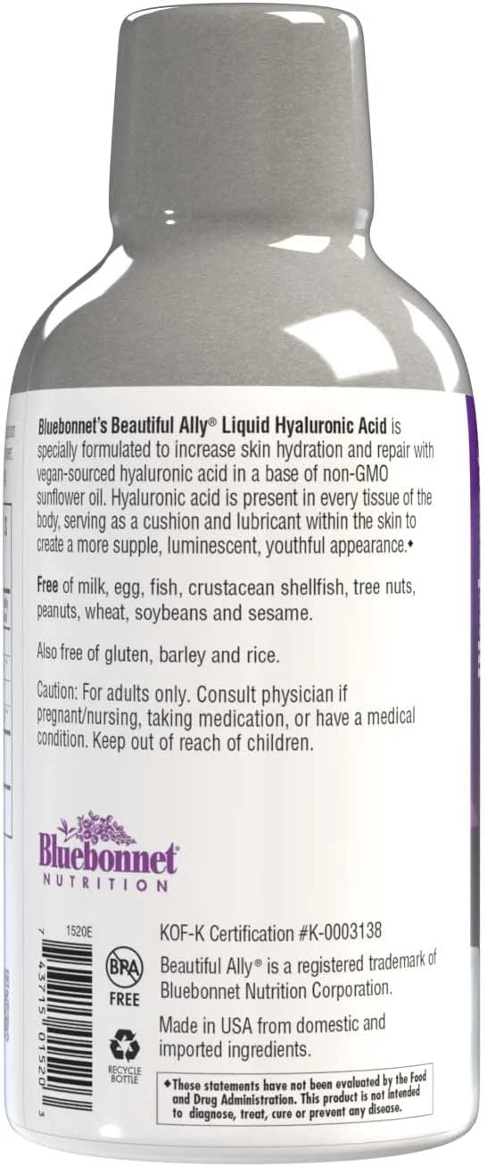 Bluebonnet Nutrition Beautiful Ally Liquid Hyaluronic Acid, Nurture Radiant Skin*, Non-GMO, Vegan, Kosher Certified, Glute...
