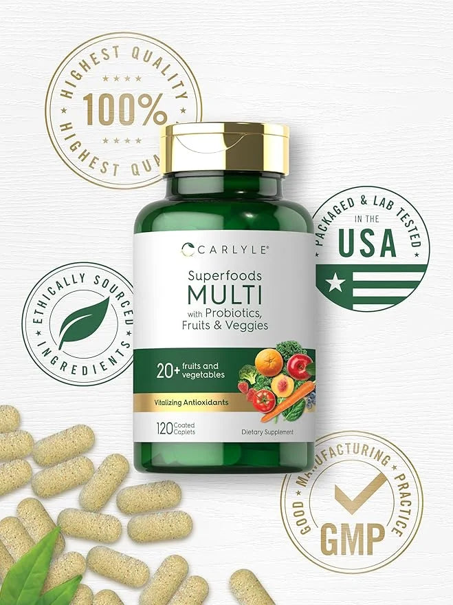 Carlyle Fruits and Veggies Supplement | 120 Count | Superfood Multivitamin with Probiotics | Made with 20 Fruits and Veget...