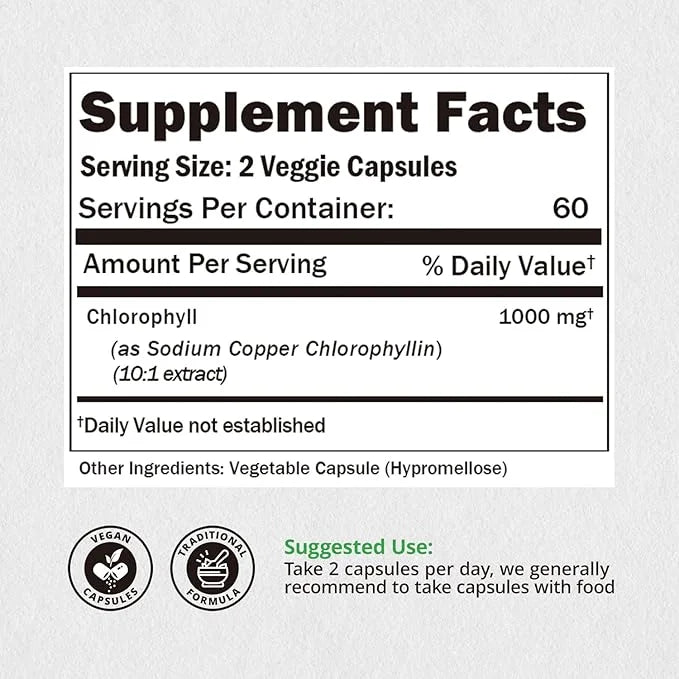 Chlorophyll Capsules 1000mg - 100% Natural Potency Concentration for Women & Men, Gut Health, Skin Support - Natural Energ...